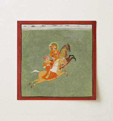 Square-framed traditional indian miniature painting of two figures in ornate orange and gold attire riding horses for gay indian art