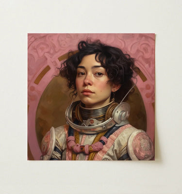 Gay and Lesbian Astronaut Wall art: Portrait of a woman wearing an ornate spacesuit helmet with steampunk-inspired details.