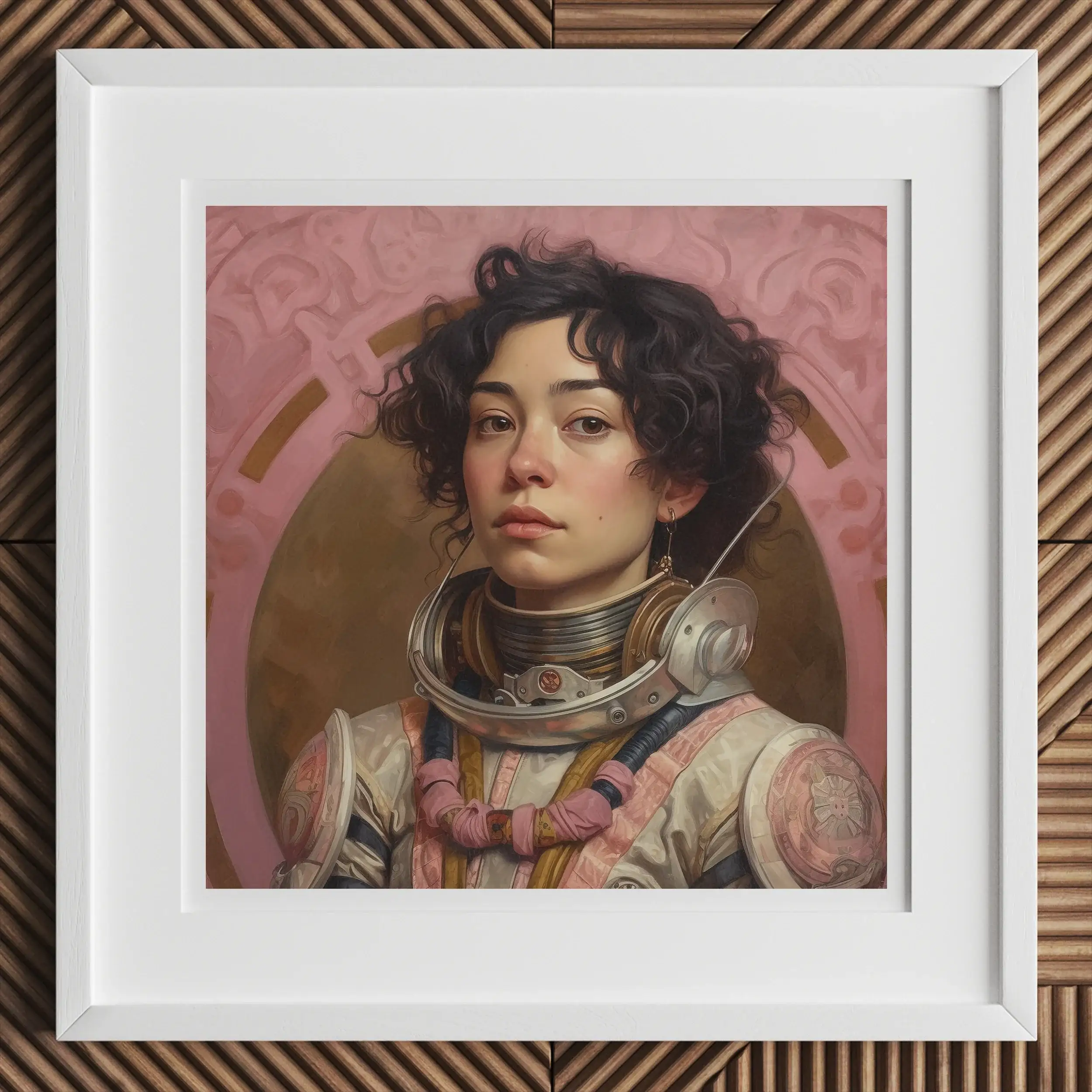 Portrait of a man wearing an ornate spacesuit helmet with steampunk-inspired details.