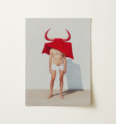 Gay Matador Art featuring a muscular figure wearing a red cape and bull horns, symbolizing Spanish bullfighting.