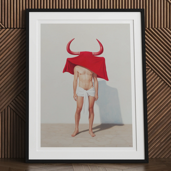 Framed artwork depicting a figure wearing white underwear and a red bull-horned headdress covering their head.