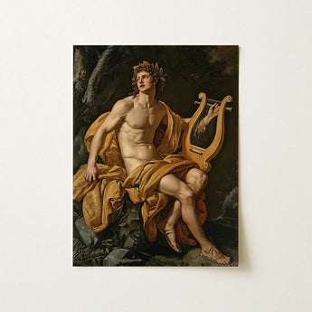 Classical oil painting print of Apollo with golden laurel wreath and lyre in gay mythology art collection.
