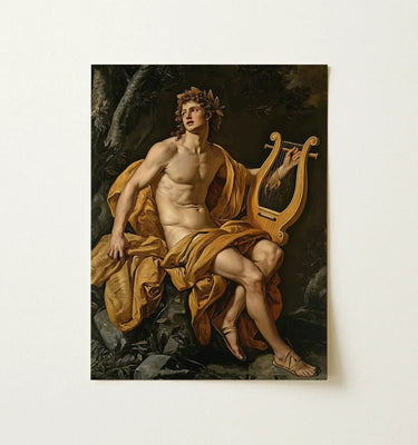 Classical oil painting print of Apollo with golden laurel wreath and lyre in gay mythology art collection.