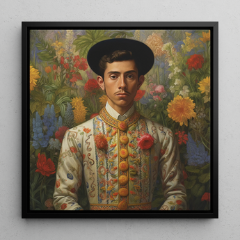 Portrait of a young man in ornate traditional clothing and a black hat against a floral background.