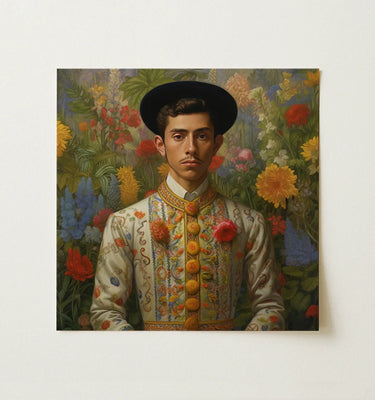 Gay Princes art print of a young man in ornate attire surrounded by vibrant flowers.