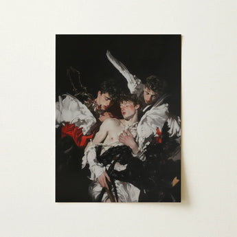 A rectangular framed art print featuring a dark classical painting of three figures in white and red in gay religious art collection