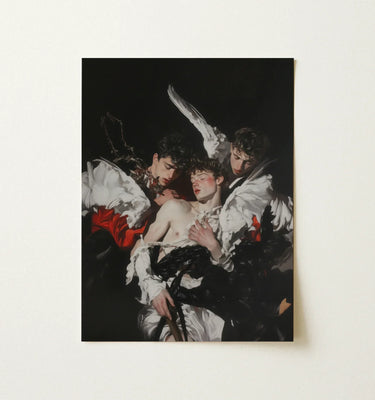 A rectangular framed art print featuring a dark classical painting of three figures in white and red in gay religious art collection