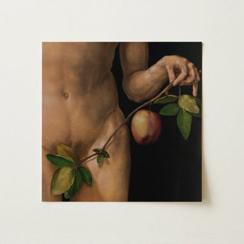 A realistic oil painting of a nude male holding an apple on a branch in warm earth tones in gay renaissance art collection