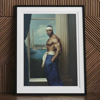 Framed photograph of a shirtless, muscular man wearing a headband and blue pants, standing by a window.