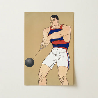 A stylized illustration of a muscular man in athletic attire holding a hammer on a beige poster in gay sports wall art