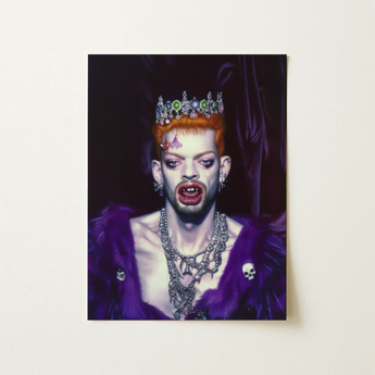 A striking piece of Vampire Wall Art featuring a regal vampire with dramatic makeup and accessories.