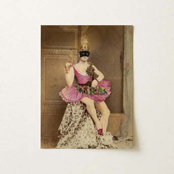 A vintage-style portrait of a masked performer in an ornate pink and white costume in gay victorian art collection
