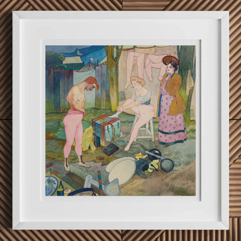 Framed painting depicting three women in a domestic outdoor setting with laundry and household items scattered around.