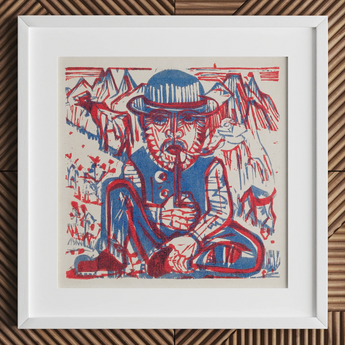 Framed abstract artwork featuring a stylized figure in red and blue tones wearing a hat.