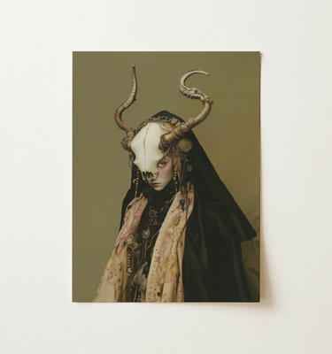 Framed artwork depicting a ethereal figure standing on a crescent moon, scattering stars.