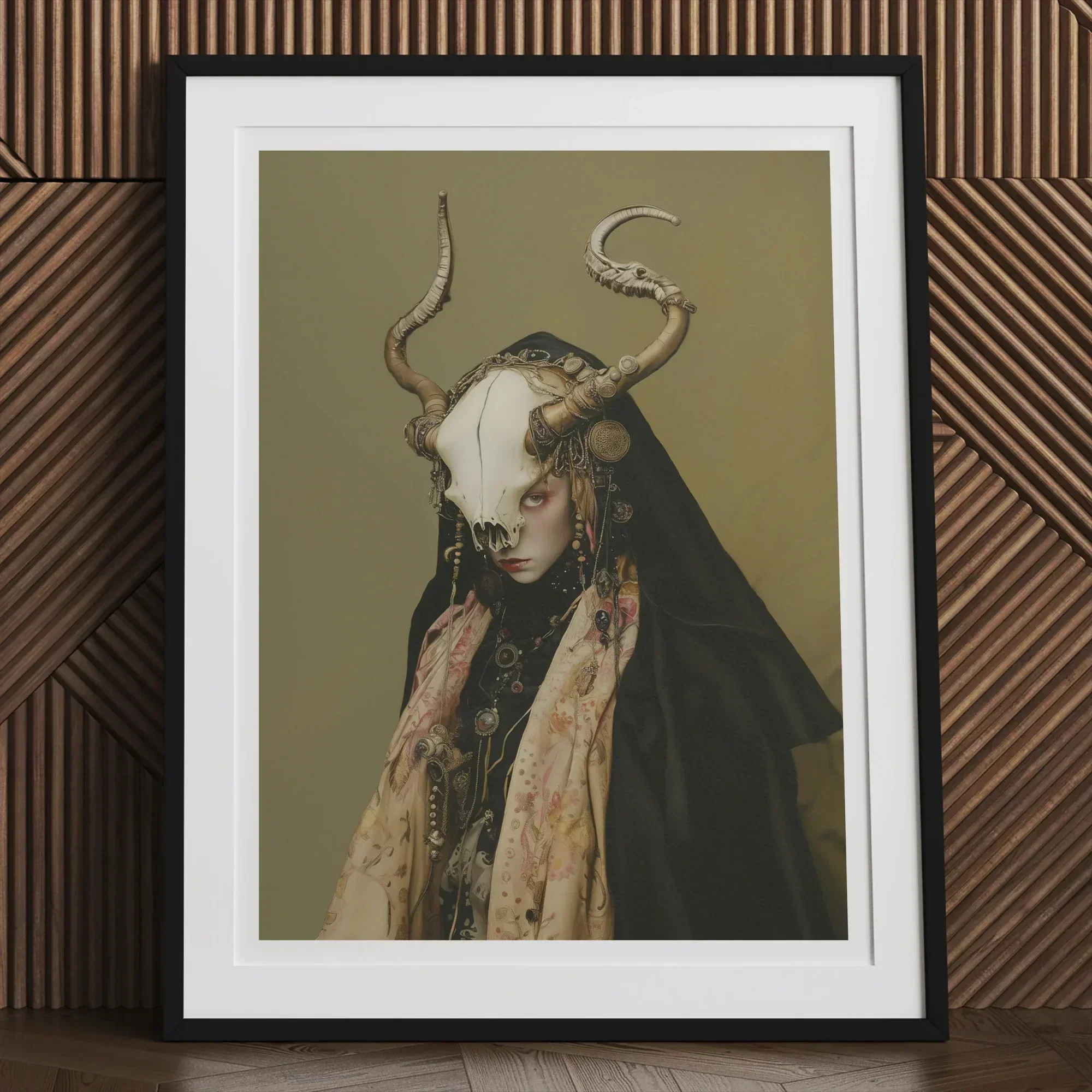 Framed artwork depicting a ethereal figure standing on a crescent moon, scattering stars.