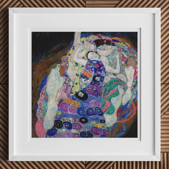 Colorful painting of embracing figures adorned with swirling patterns and floral motifs.