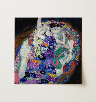 Artistic representation of sensual figures entwined in vibrant colors by Gustav Klimt.