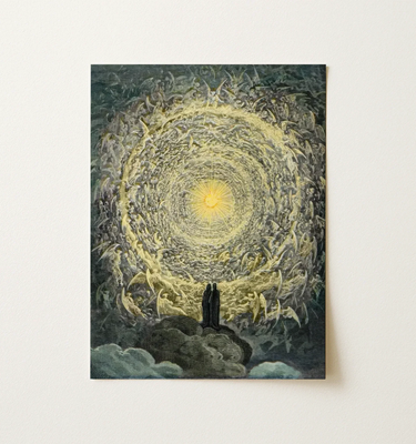 Black framed abstract art print with yellow spiral center from gustave dore collection
