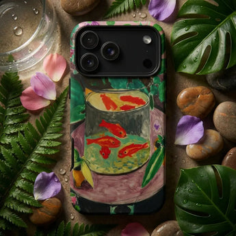 Henri Matisse inspired phone case displayed among colorful artistic materials and textures.