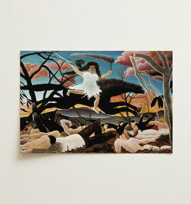 White framed artwork featuring a surreal landscape with a horse in a henri rousseau collection