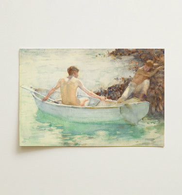 Embarkation (1911) - Henry Scott Tuke Art Print / Canvas Soft Watercolor Painting Depicts Light Blue Rowboat Two