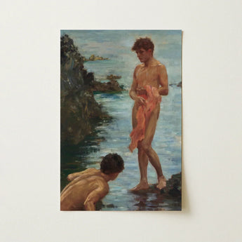 A framed painting by henry scott tuke depicting two nude young men standing at the water’s edge