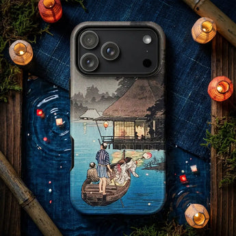 Hiroaki Takahashi inspired phone case featuring a serene water scene with fishermen and lanterns.