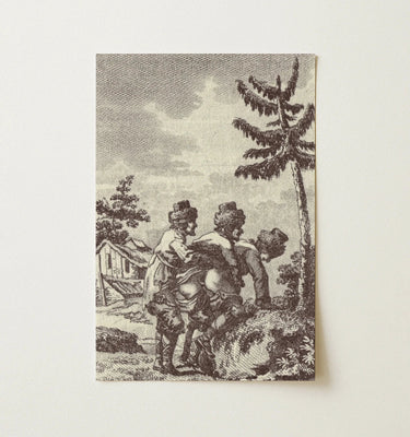 18th-century black and white etching of two figures in a landscape from a homoerotic art collection