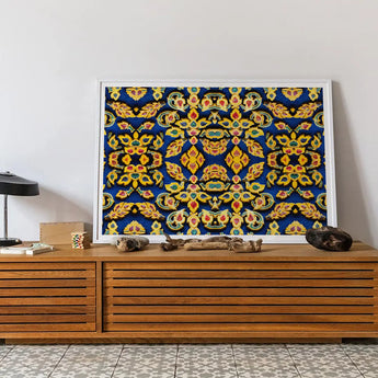 Framed colorful geometric pattern artwork with intricate floral and arabesque designs in blue, gold, and orange.