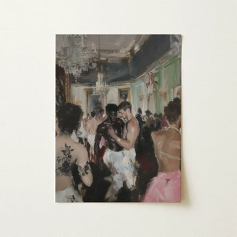 A rectangular canvas painting of an elegant ballroom scene in soft pastels featuring interracial gay art figures in formal attire