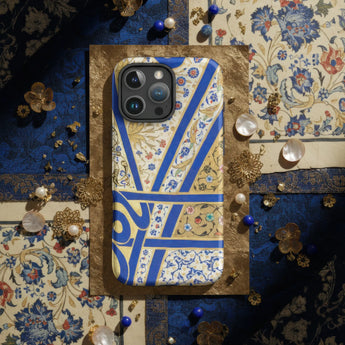Smartphone with a decorative mandala-patterned case.