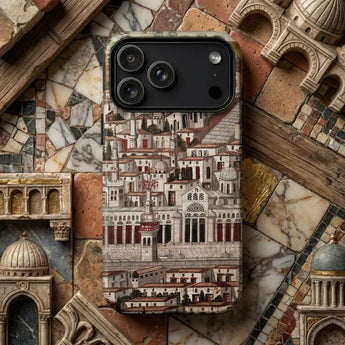 Islamic Phone Cases featuring intricate blue and gold floral patterns on a stylish smartphone.