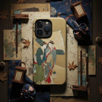 IPhone with a decorative case featuring an artistic depiction of cranes.