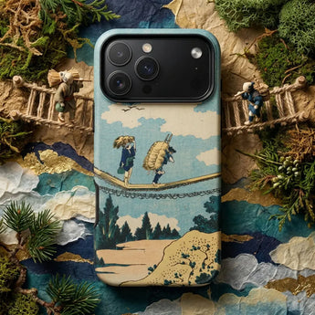 Japanese Art Phone Cases featuring traditional Japanese artwork, surrounded by cultural items and decorations.