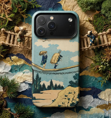 Japanese Art Phone Cases featuring traditional Japanese artwork, surrounded by cultural items and decorations.