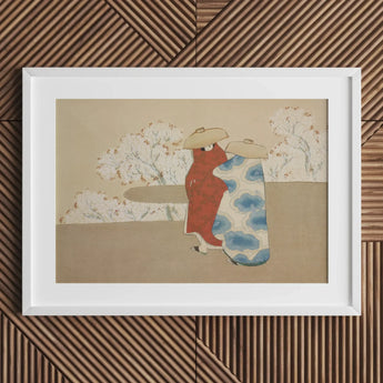 Framed artwork depicting a stylized red fox or dog-like figure next to a blue patterned object.