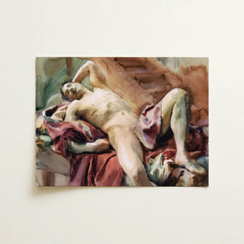 John Singer Sargent Male Nudes: a watercolor painting of a nude male reclining with draped fabric.