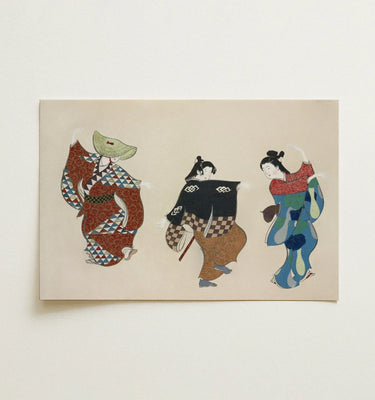 Kamisaka Sekka artwork showcasing three elegantly dressed figures in traditional attire.