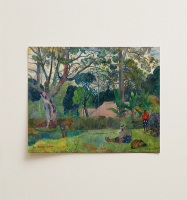 Landscape wall art featuring people and lush trees, capturing a serene and vibrant outdoor scene.