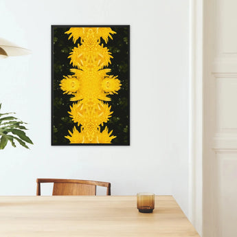 Yellow floral pattern artwork mounted on a black background.