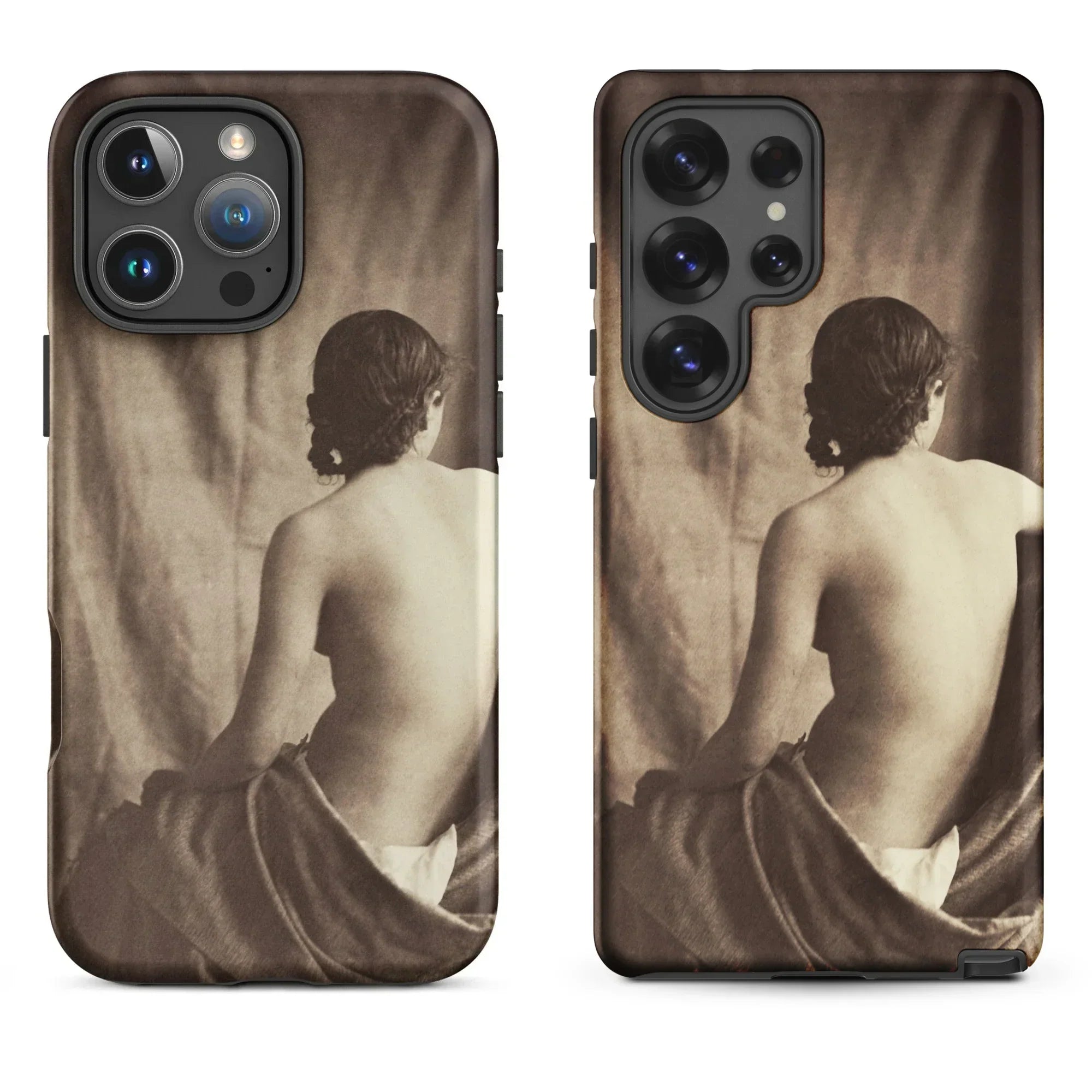 IPhone with a sepia-toned nude figure case.