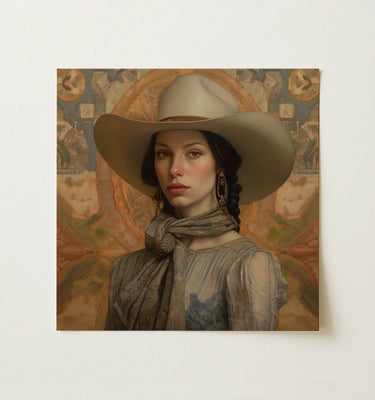 Lesbian cowgirl artwork featuring a woman in a wide-brimmed hat and scarf, showcasing western themes and identity.