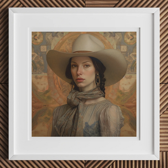 Portrait of a woman wearing a wide-brimmed cowboy hat and scarf.