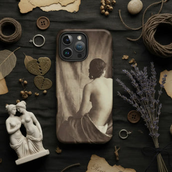 Lesbian Phone Cases displayed on a dark background with vintage decor, featuring artful photography.
