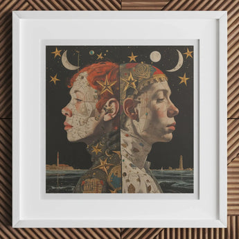 Lesbian wall art featuring two figures with star and moon motifs, symbolizing sapphic love and connection.