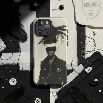 LGBTQ Phone Cases featuring a striking design with a figure wearing a blindfold and feathers, set on a contrasting background.