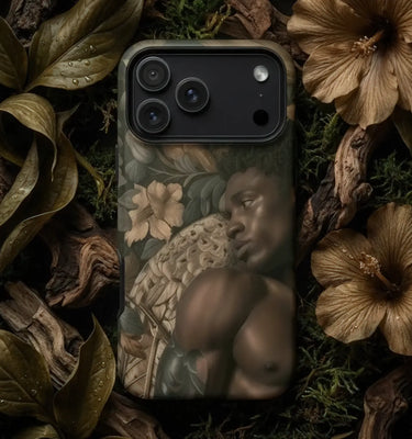 LGBTQ Phone Cases featuring a striking design with a figure wearing a blindfold and feathers, set on a contrasting background.