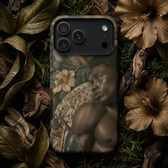 LGBTQ Phone Cases featuring a striking design with a figure wearing a blindfold and feathers, set on a contrasting background.