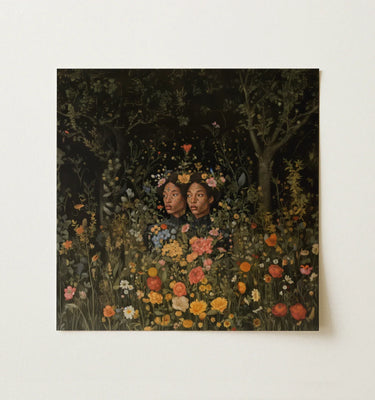 Portrait of two individuals surrounded by vibrant flowers, representing identity in the LGBTQ Wall Art collection.